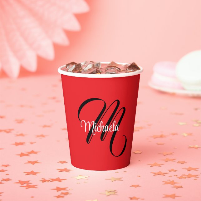 Minimalistic modern monogram initial name red paper cups (Insitu)