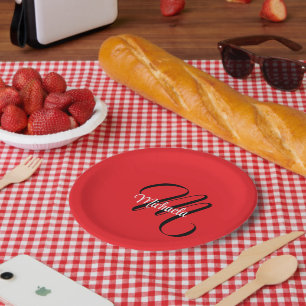 Minimalistic modern monogram initial name red paper plate