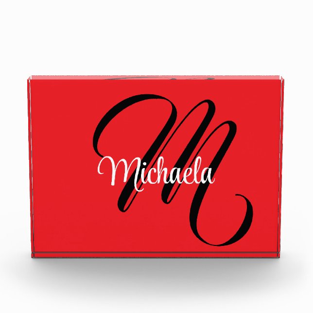 Minimalistic modern monogram initial name red photo block (Front)