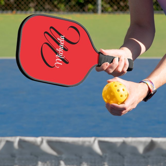 Minimalistic modern monogram initial name red pickleball paddle (Insitu)