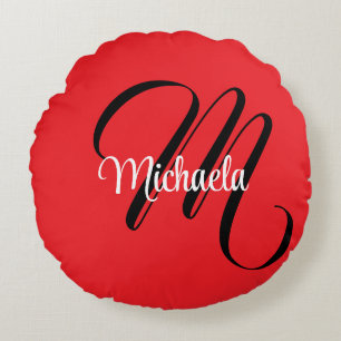 Minimalistic modern monogram initial name red round cushion