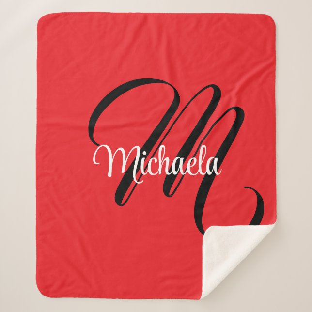 Minimalistic modern monogram initial name red sherpa blanket (Front)