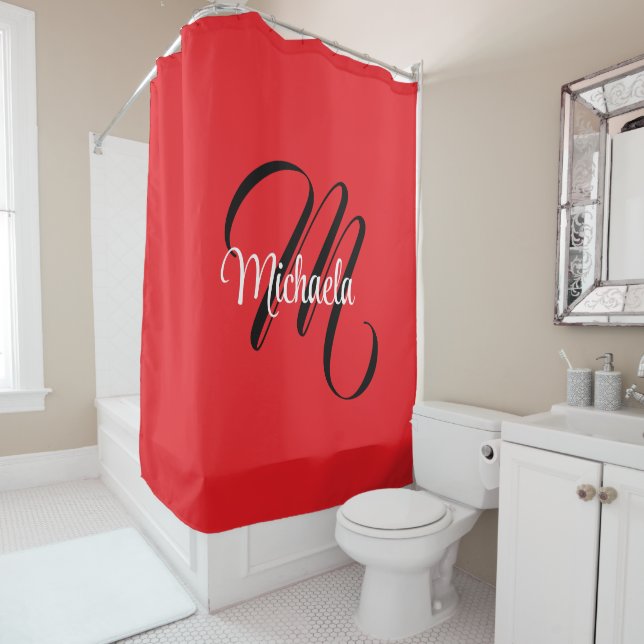 Minimalistic modern monogram initial name red shower curtain (In Situ)