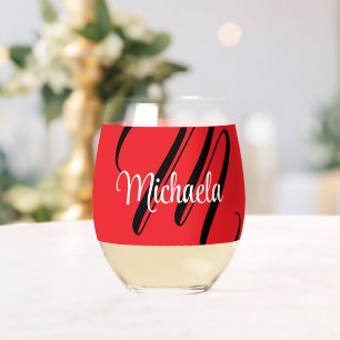 Minimalistic modern monogram initial name red stemless wine glass