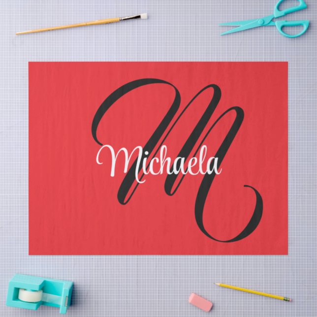 Minimalistic modern monogram initial name red tissue paper (Craft)