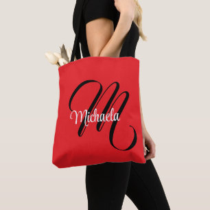 Minimalistic modern monogram initial name red tote bag