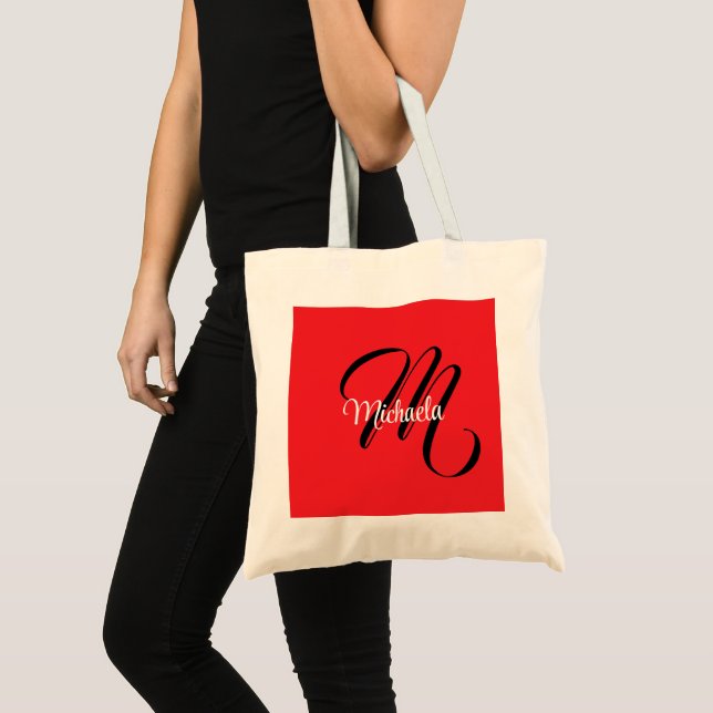 Minimalistic modern monogram initial name red tote bag (Front (Product))