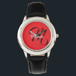 Minimalistic modern monogram initial name red watch<br><div class="desc">Minimalistic modern monogram initial name black white. Personalizable custom name with a cursive initial behind on a red colour.</div>