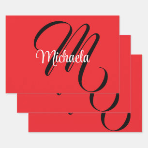 Minimalistic modern monogram initial name red wrapping paper sheet