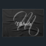 Minimalistic modern monogram initial name tea towel<br><div class="desc">Minimalistic modern monogram initial name black white. Personalizable custom name with a cursive initial behind on a black colour.</div>