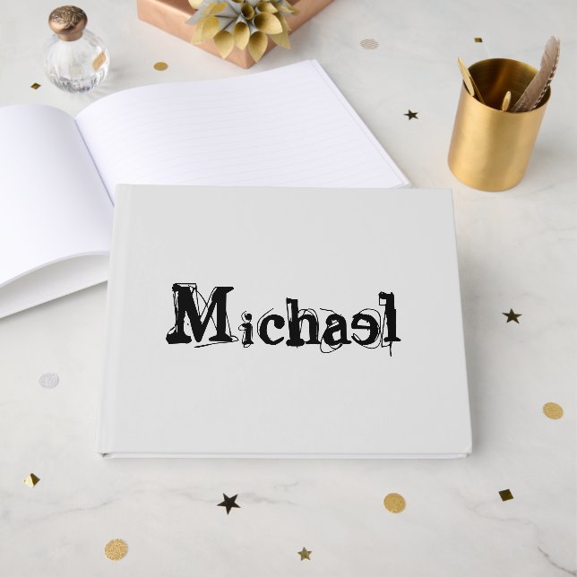 Minimalistic modern monogram name black grey guest book (Front Open)