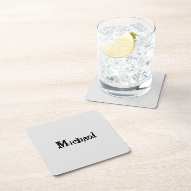 Minimalistic modern monogram name black grey square paper coaster (Insitu)