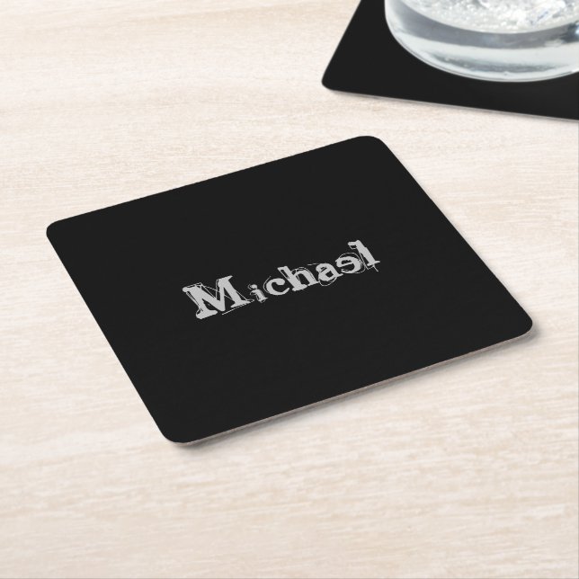 Minimalistic modern monogram name black white square paper coaster (Angled)