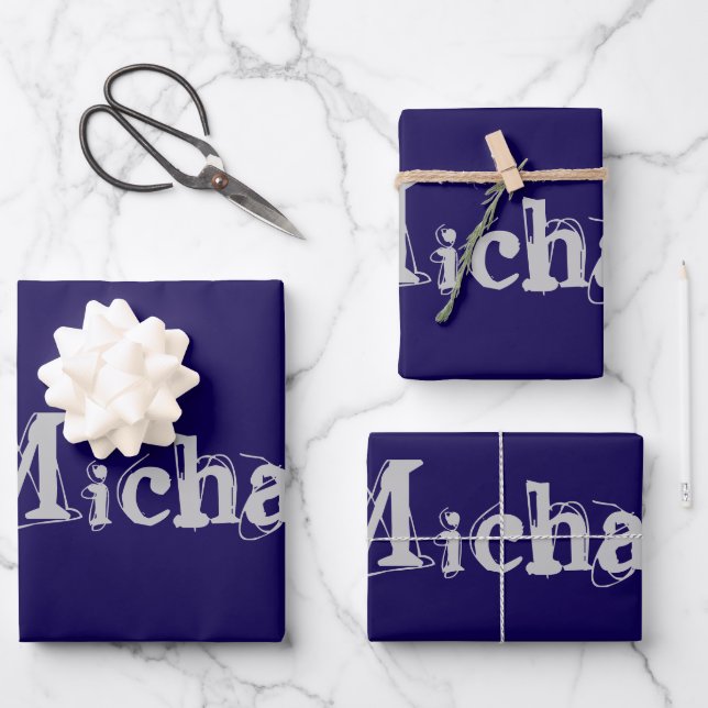 Minimalistic modern monogram name dark blue wrapping paper sheet (Front)