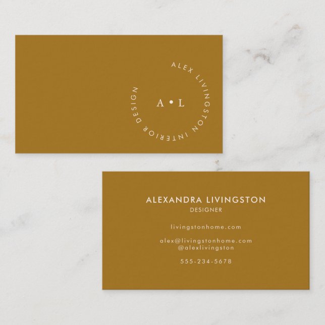 Minimalistic Modern Mustard Gold Circle Monogram Business Card (Front/Back)