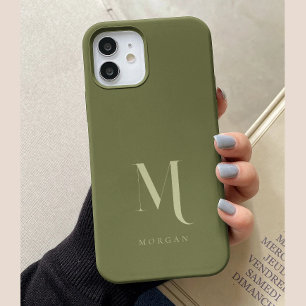 Minimalistic Modern Olive Green Monogram iPhone 15 Case