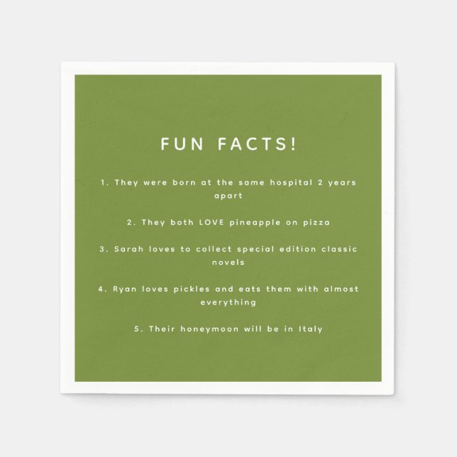 Minimalistic Modern Olive Green Wedding Fun Facts Napkin (Front)