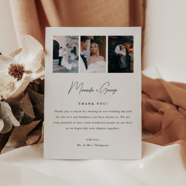 Minimalistic Modern Script 3-Photo Wedding Thank You Card (Creator Uploaded)