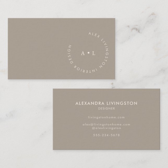 Minimalistic Modern Taupe Brown Circle Monogram Business Card (Front/Back)