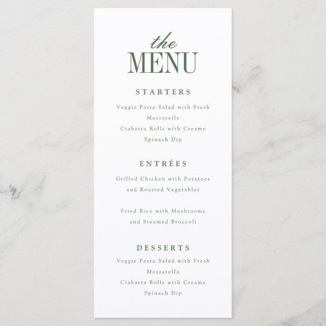 Minimalistic Modern White & Olive Green Wedding Menu (Front)