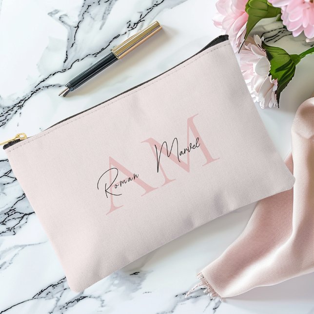 Minimalistic Monogram Initial & Name Pastel Pink Accessory Pouch (Creator Uploaded)