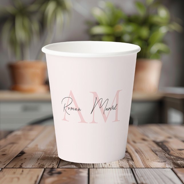 Minimalistic Monogram Initial & Name Pastel Pink  Paper Cups (Creator Uploaded)