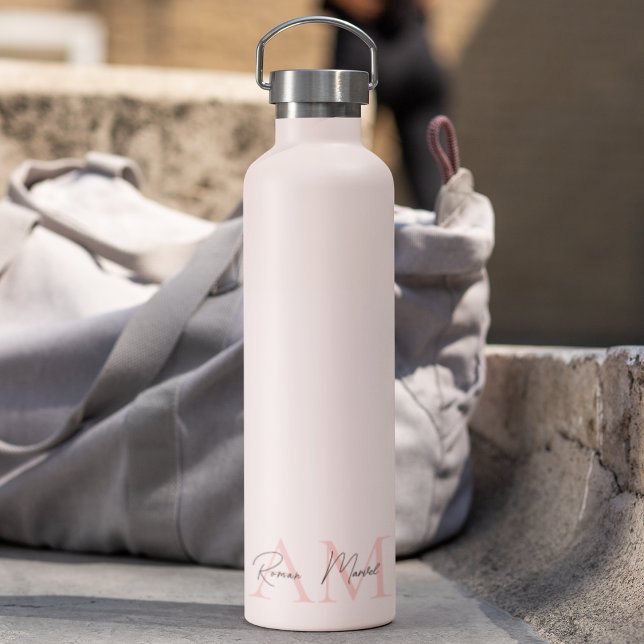 Minimalistic Monogram Initial & Name Pastel Pink  Water Bottle (Creator Uploaded)