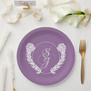 Minimalistic Monogram Lavender Purple Wedding Paper Plate