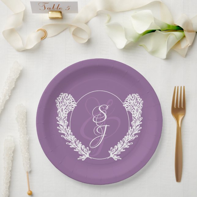 Minimalistic Monogram Lavender Purple Wedding  Paper Plate (Wedding)