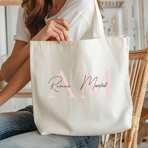"Minimalistic Monogram Personalized Pastel Pink  Tote Bag