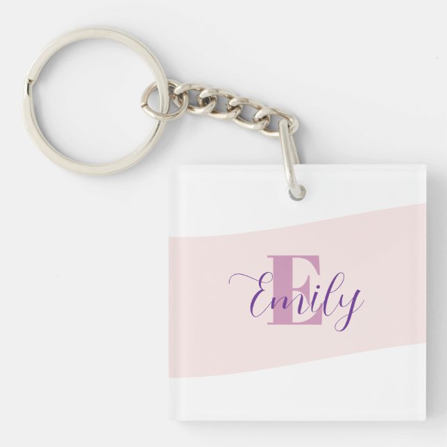 Minimalistic Name Monogram Retro Purple Pink Key Ring (Front)