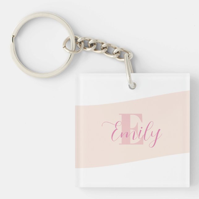 Minimalistic Name Monogram Retro Rose Pink Key Ring (Front)