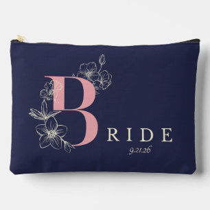 Minimalistic Navy-Pink Floral Caligraphy Bride  Accessory Pouch