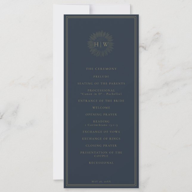 minimalistic navy sunflower wedding program (Front)