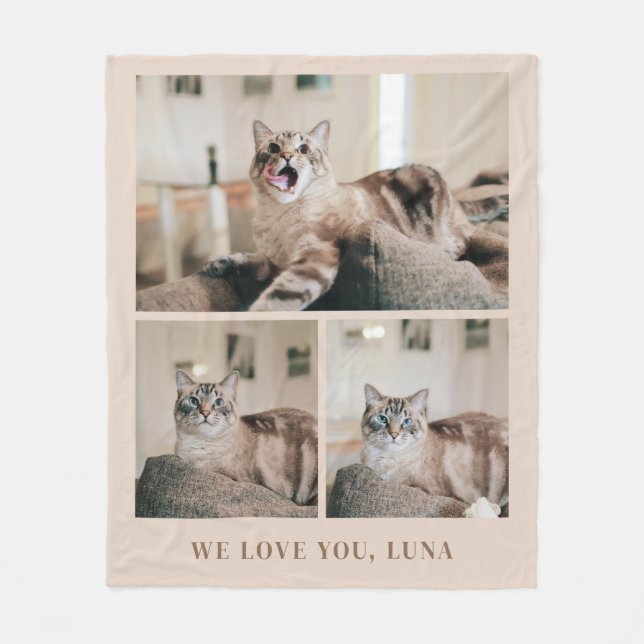 Minimalistic Neutral Beige 3 Pet Photo Collage Fleece Blanket (Front)