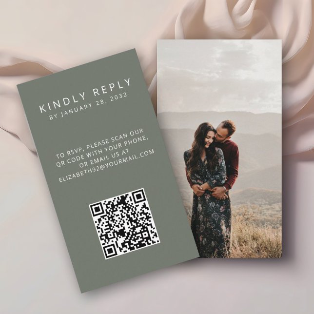 Minimalistic olive grey QR Code photo RSVP Enclosure Card (Creator Uploaded)