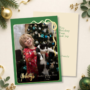 Minimalistic Photo Bow Happy Holidays Green & Gold Foil Holiday Card