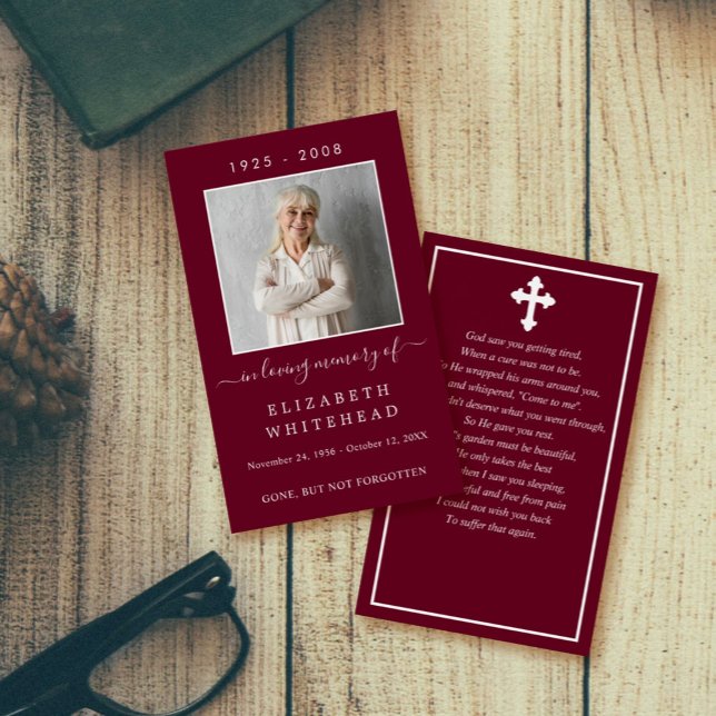 Minimalistic Photo Funeral Prayer Burgundy Card (Creator Uploaded)