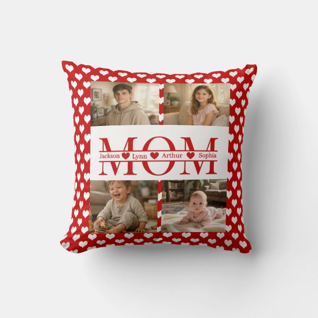 Minimalistic Red Heart Mum Custom 4-Photo Keepsake Cushion (Front)