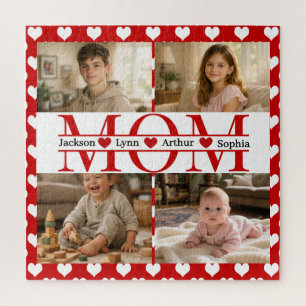 Minimalistic Red Heart Mum Custom 4-Photo Keepsake Jigsaw Puzzle