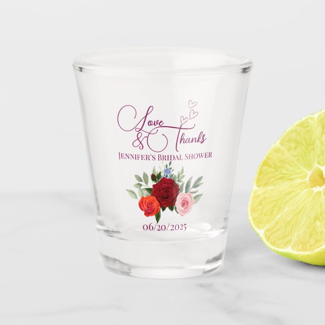Minimalistic red rose love and thanks bridal  shot glass (Front)