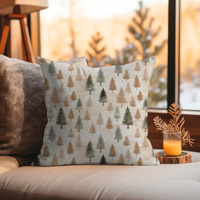 Minimalistic Scandi Neutral Beige Evergreen Trees Cushion (Minimalistic Winter Pattern Scandinavian Nordic Xmas Throw Pillow - Neutral Beige Tan Watercolor)