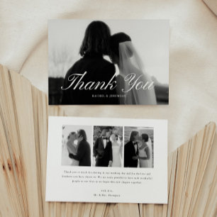 Minimalistic Script 4-Photo Black & White Wedding Thank You Card