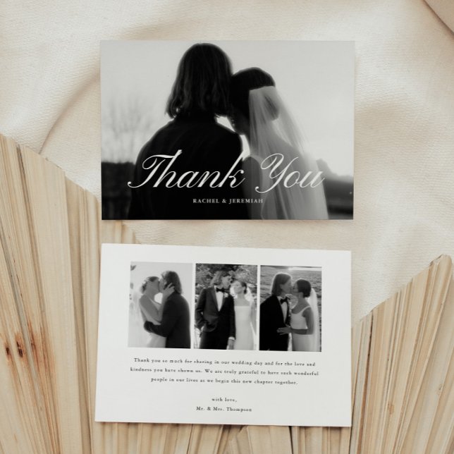 Minimalistic Script 4-Photo Black & White Wedding Thank You Card (Creator Uploaded)