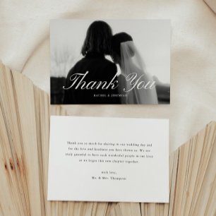 Minimalistic Script Black & White Wedding Photo Thank You Card
