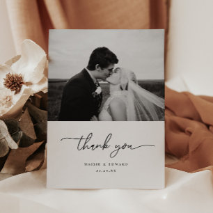 Minimalistic Script Black & White Wedding Photo Thank You Card