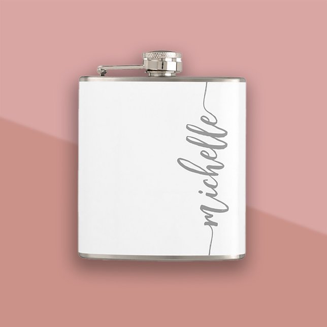 Minimalistic Script Personalised Name White Hip Flask (Minimalistic Script Personalized Name White Flask)
