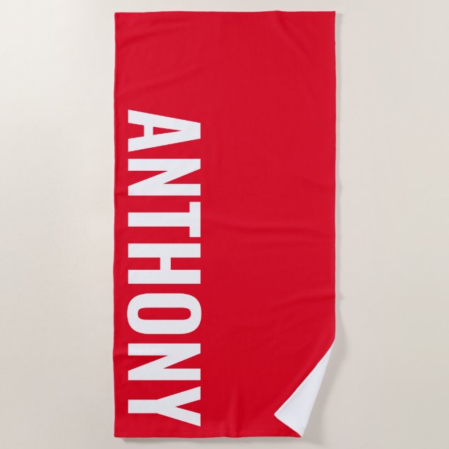 Minimalistic Simple Modern Personalised Name Red Beach Towel (Front)