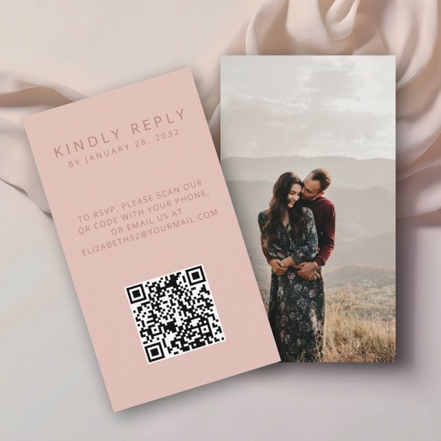 Minimalistic simple old rose QR Code photo RSVP Enclosure Card (Creator Uploaded)