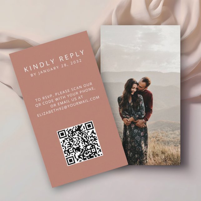 Minimalistic simple old rose QR Code photo RSVP Enclosure Card (Creator Uploaded)